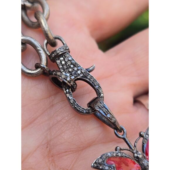 Sterling Silver Link Necklace w/Pave Diamond Clasp Red Enamel Butterfly Pendant - Picture 8 of 9